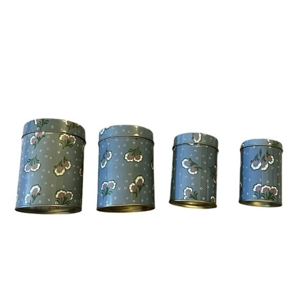 Vintage Set of 4 Floral Nesting Metal Tin Round Containers, Gray Pink & White